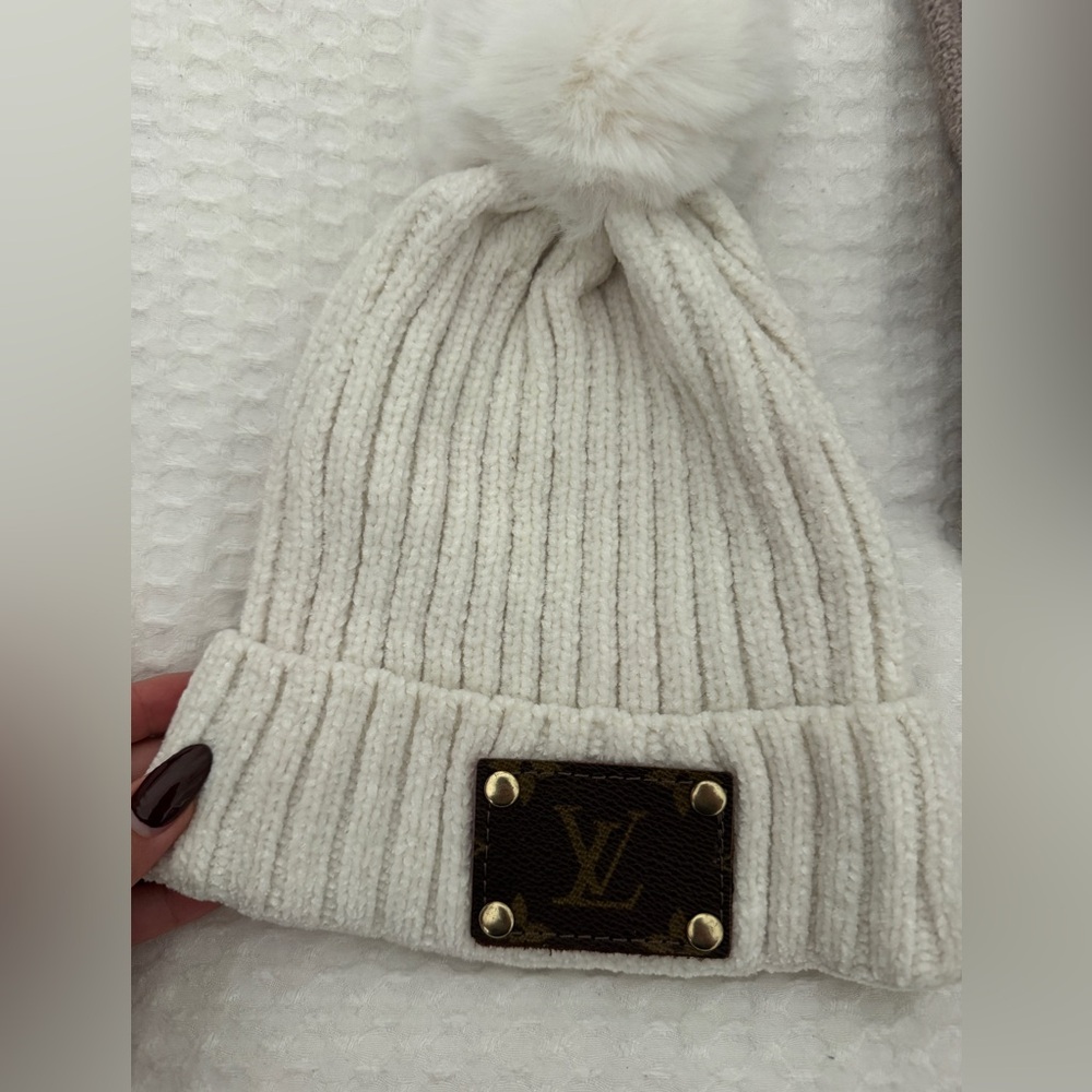 Louis Vuitton White Knit Beanie with Logo Patch
